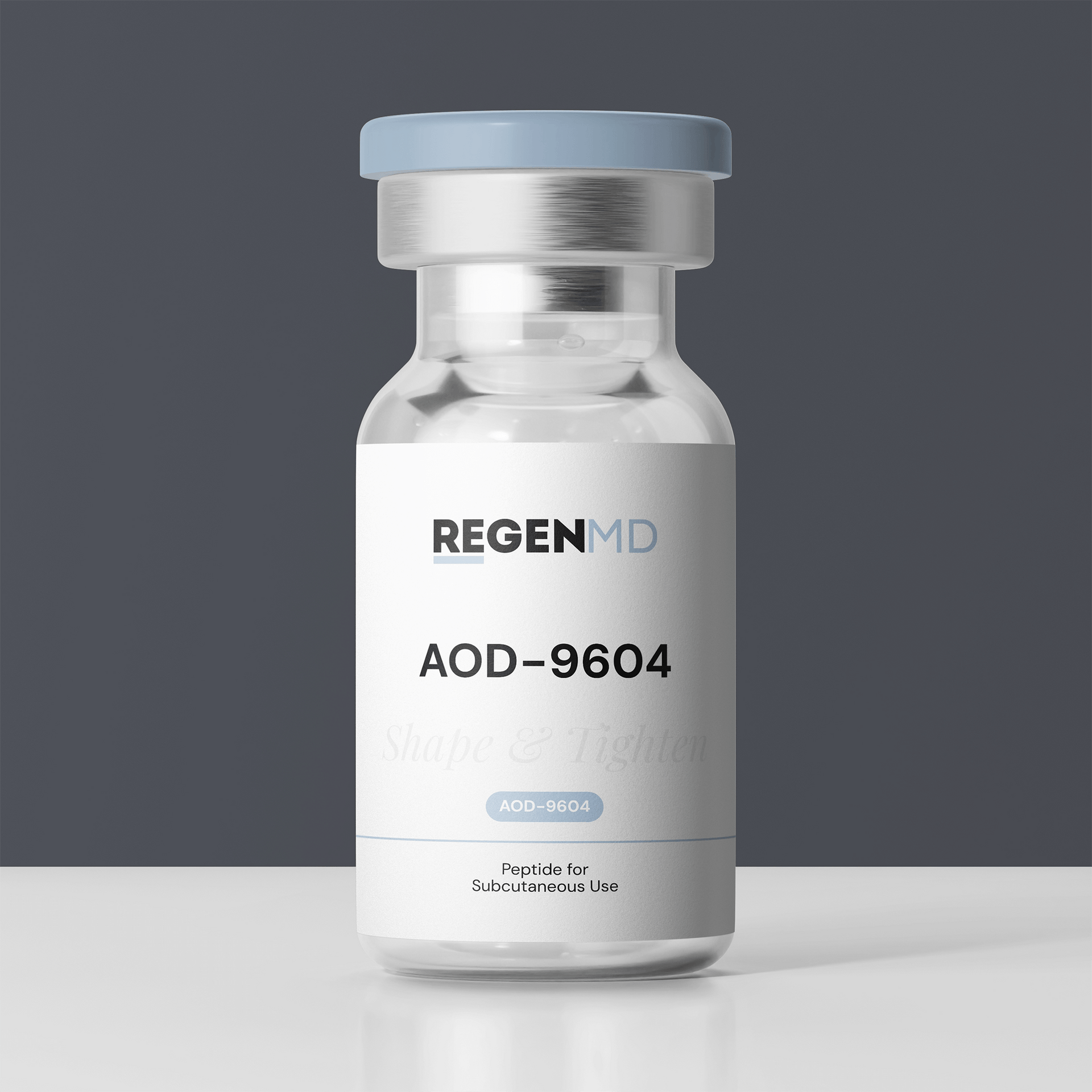 The AOD-9604 vial with clear liquid inside.