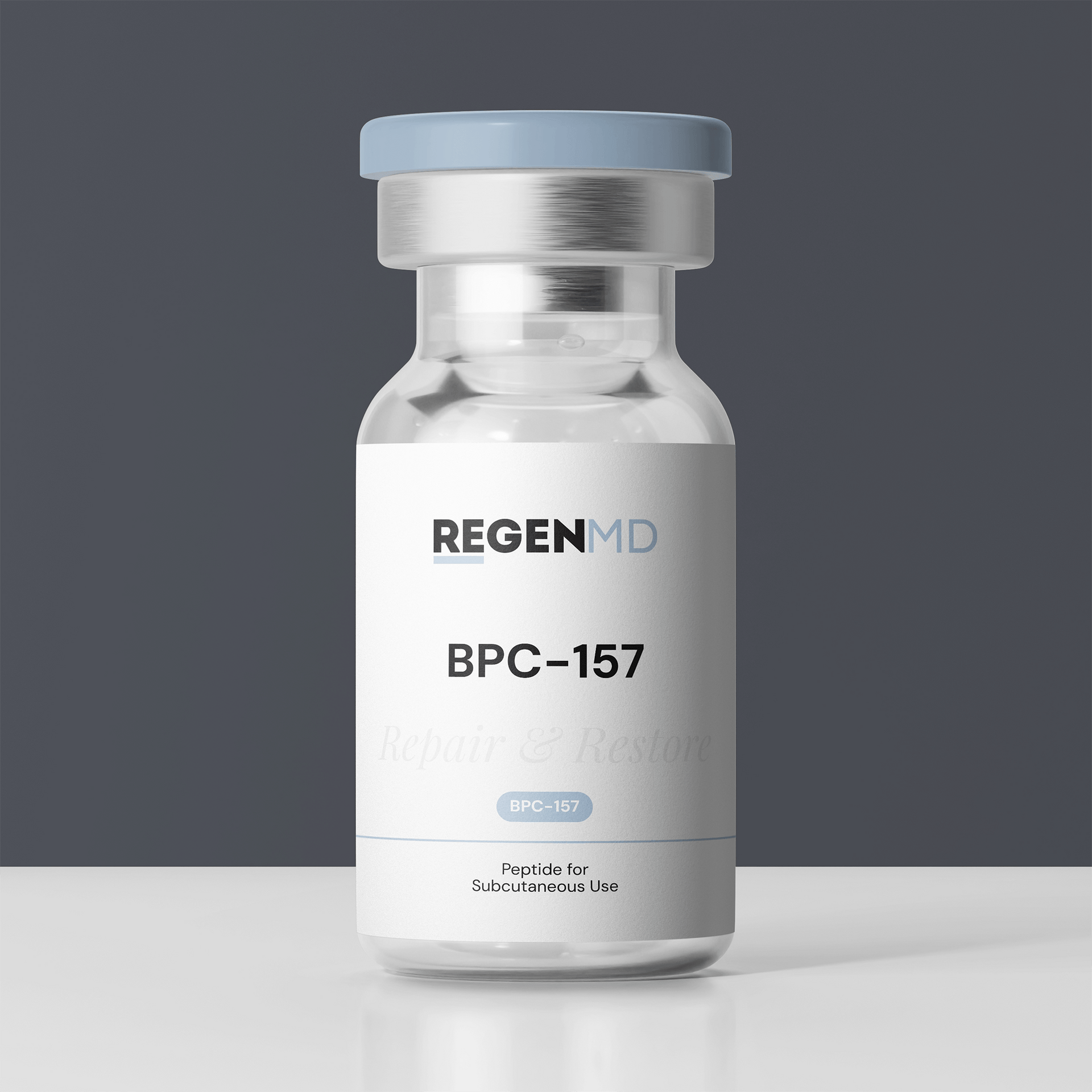 THE BPC-157 peptide vial with clear liquid inside.