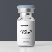 Cognitive Blend, a blend of clear peptides in liquid form in a vial against a dark grey background.