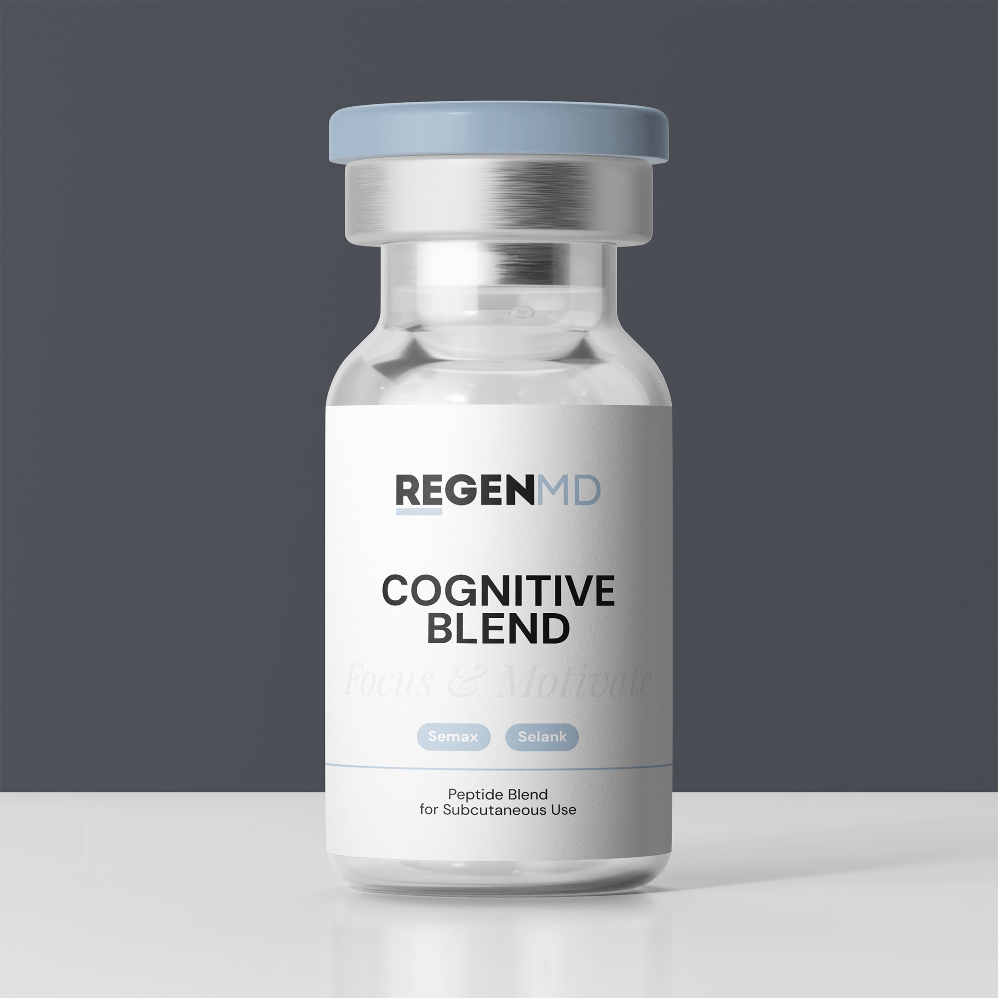 Cognitive Blend, a blend of clear peptides in liquid form in a vial against a dark grey background.