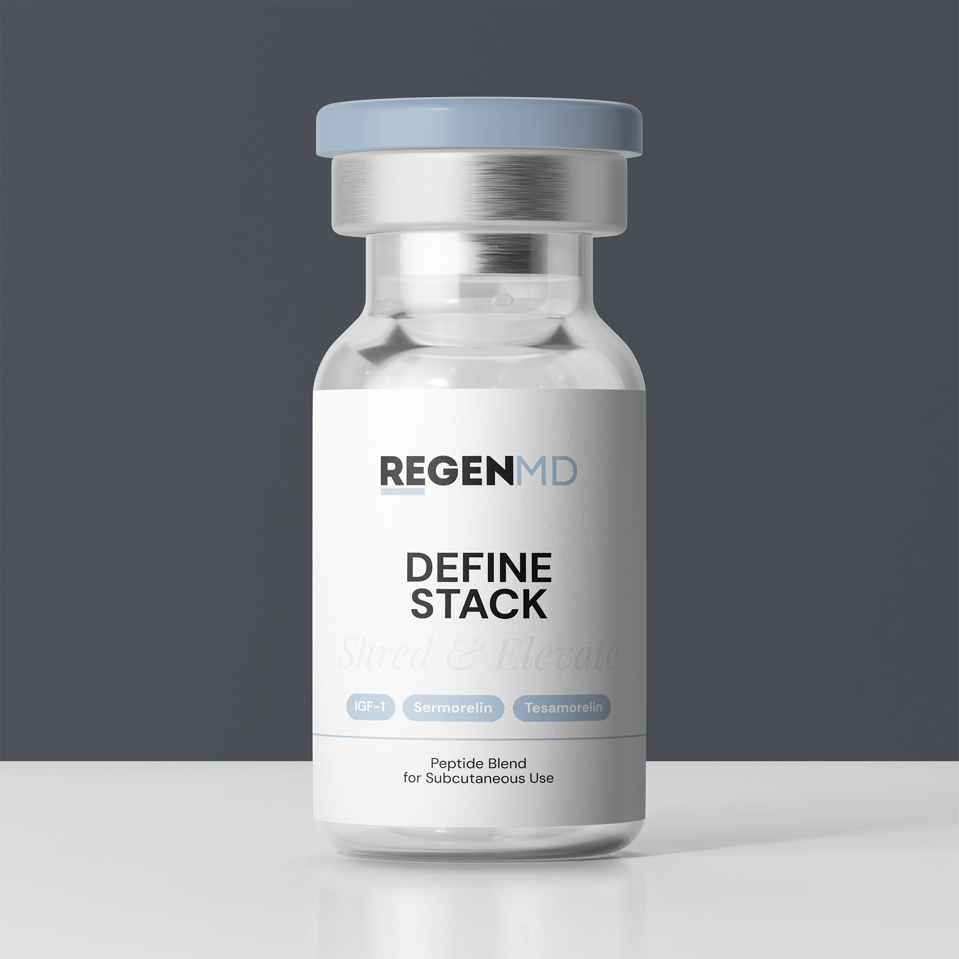 Define stack peptide vial with clear peptide liquid inside the bottle.