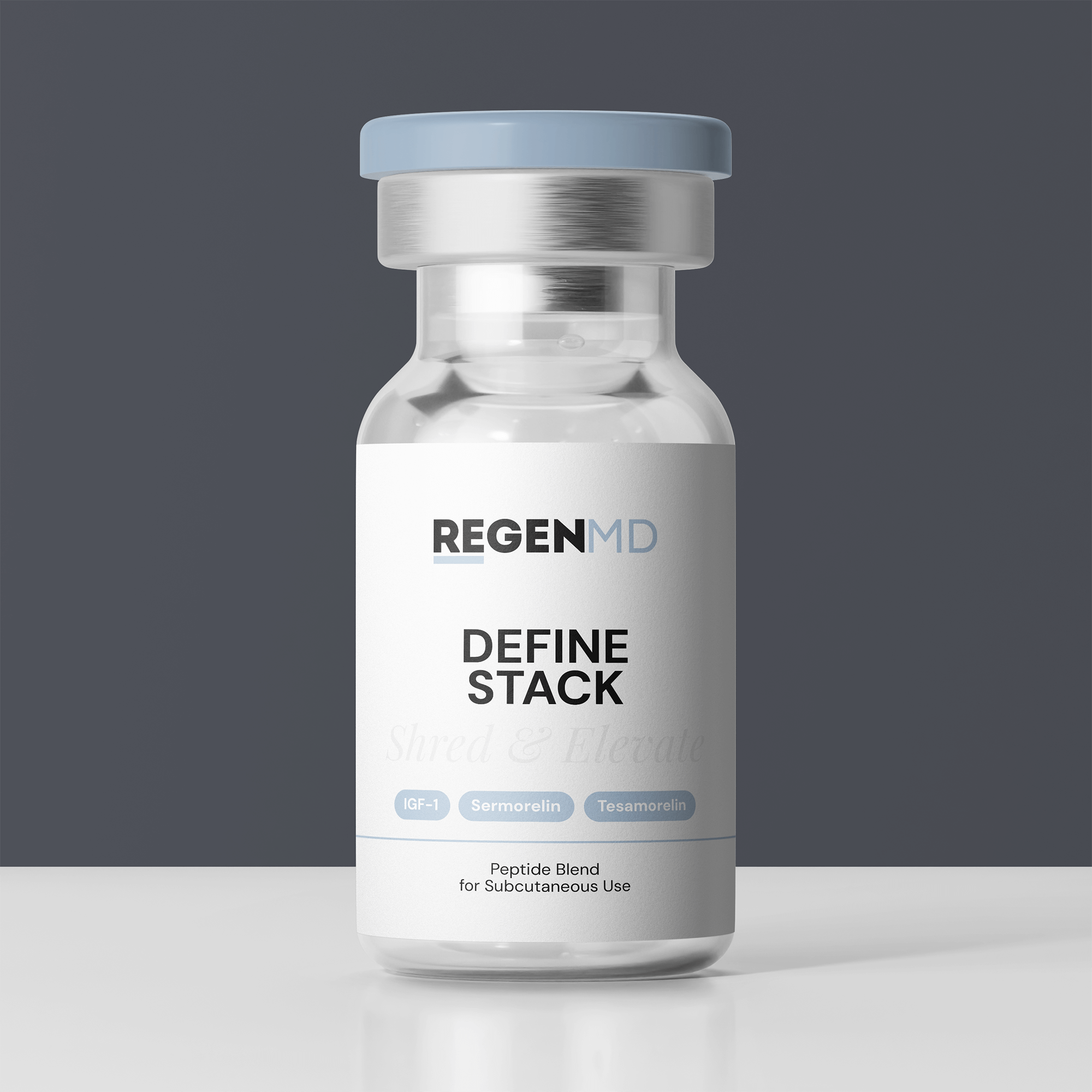 Define stack peptide vial with clear peptide liquid inside the bottle.