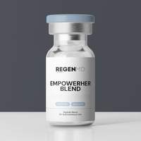 EmpowerHer Blend peptide vial with clear liquid inside the bottle.