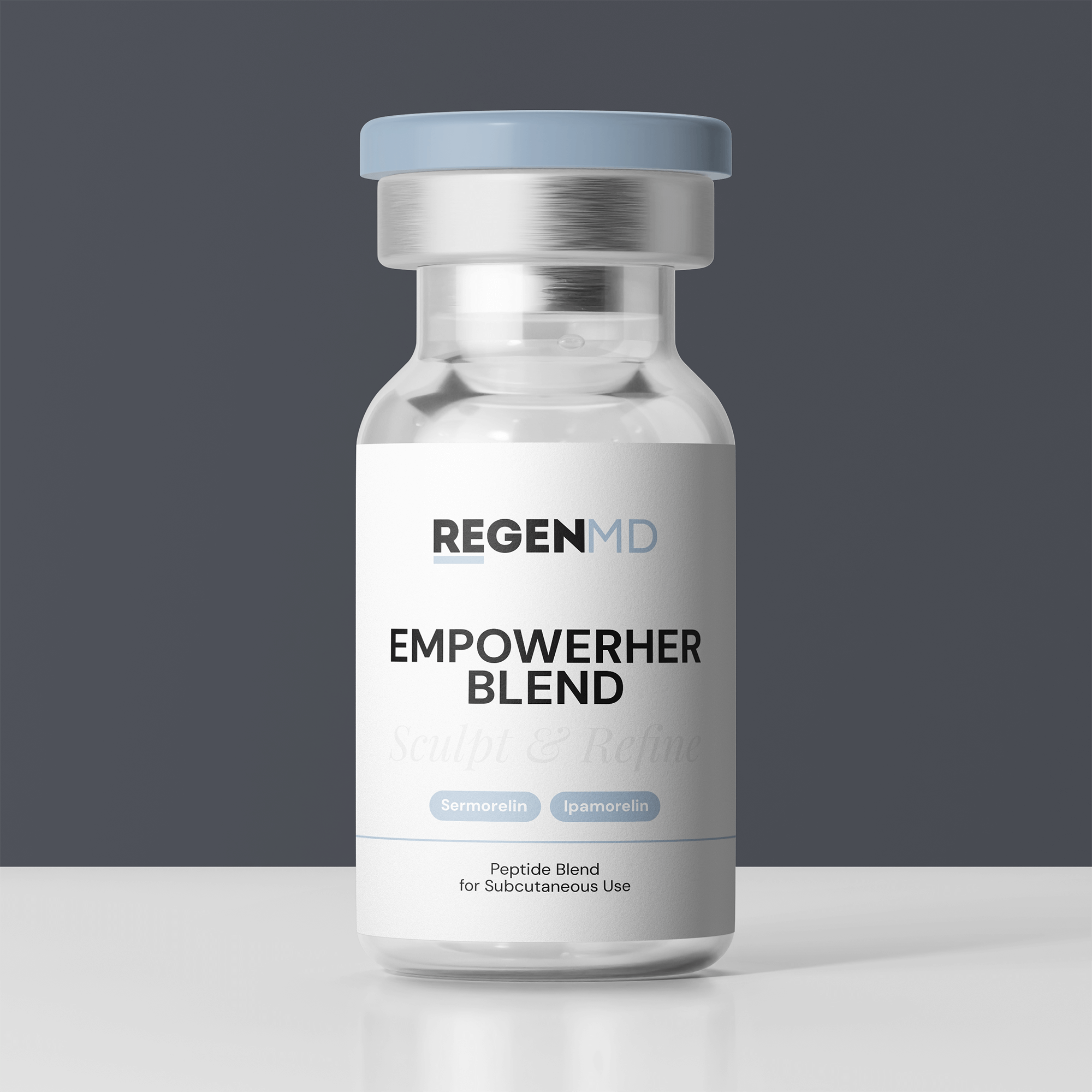 EmpowerHer Blend peptide vial with clear liquid inside the bottle.