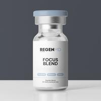 Focus Blend , a clear mix of peptides in liquid form against a dark grey backdrop.