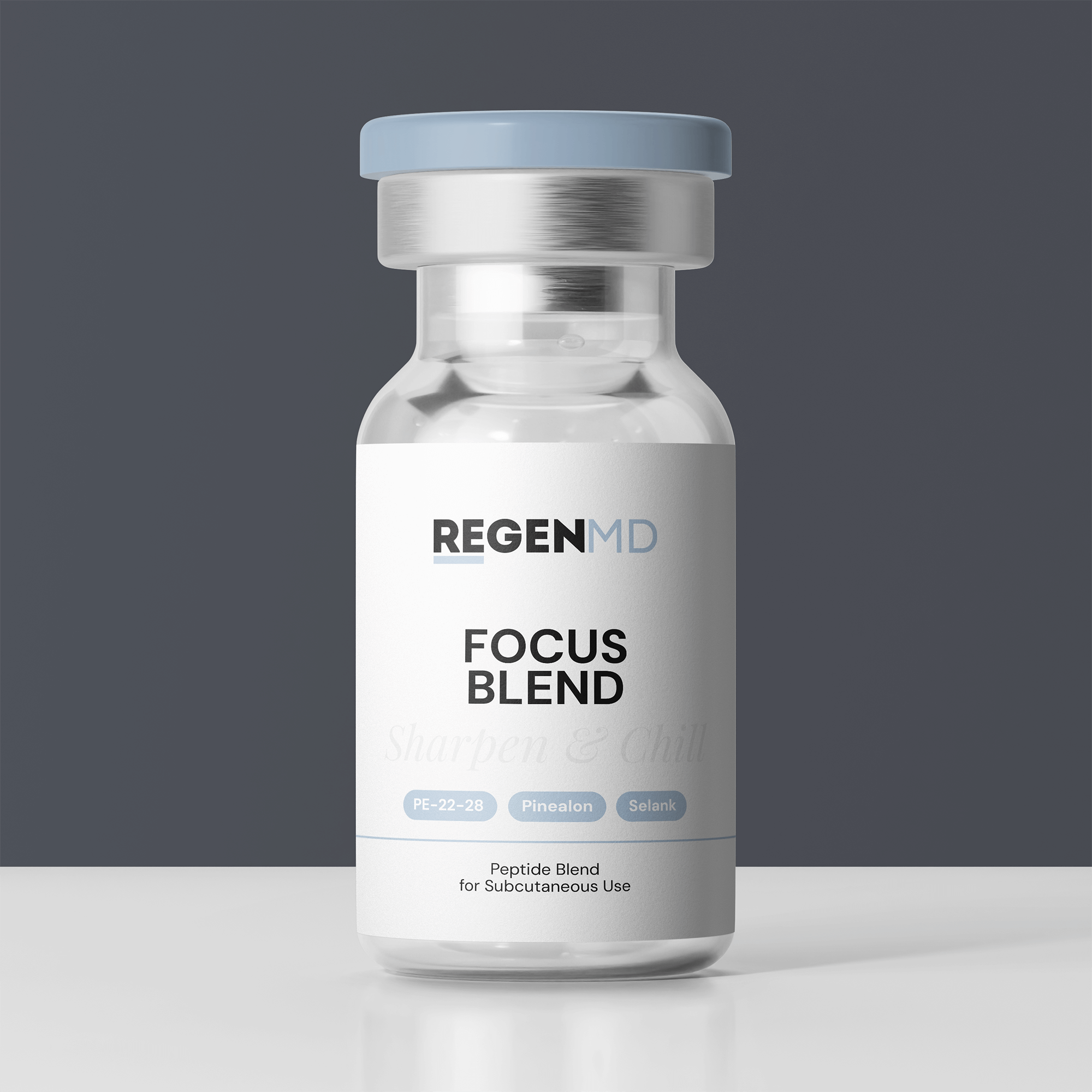 Focus Blend , a clear mix of peptides in liquid form against a dark grey backdrop.