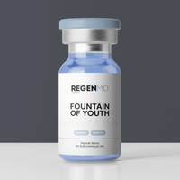 Fountain of Youth peptide blend vial, with blue liquid inside the bottle against a dark grey background.
