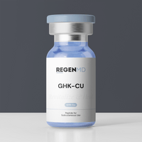 GHK-CU peptide vial, a single peptide ingredient and clear liquid inside the bottle.