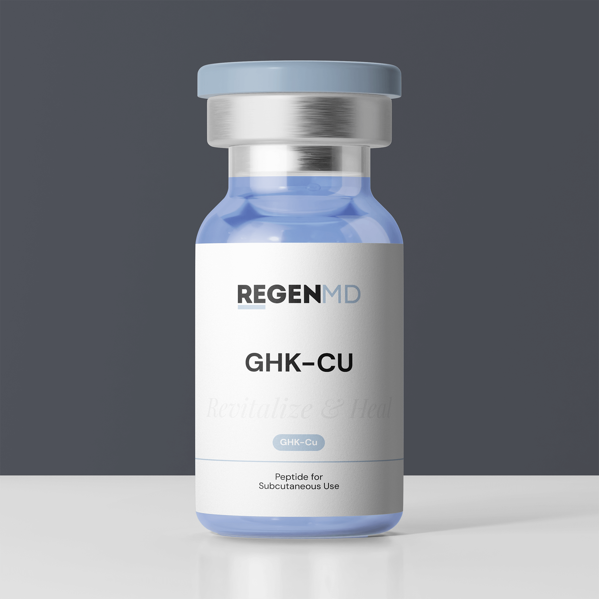 GHK-CU peptide vial, a single peptide ingredient and clear liquid inside the bottle.