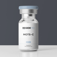 MOTS-C peptide vial, filled with a clear liquid against a dark grey backdrop.