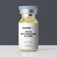 The Mito Metabolism peptide blend, a bottle filled with gold-colored liquid.