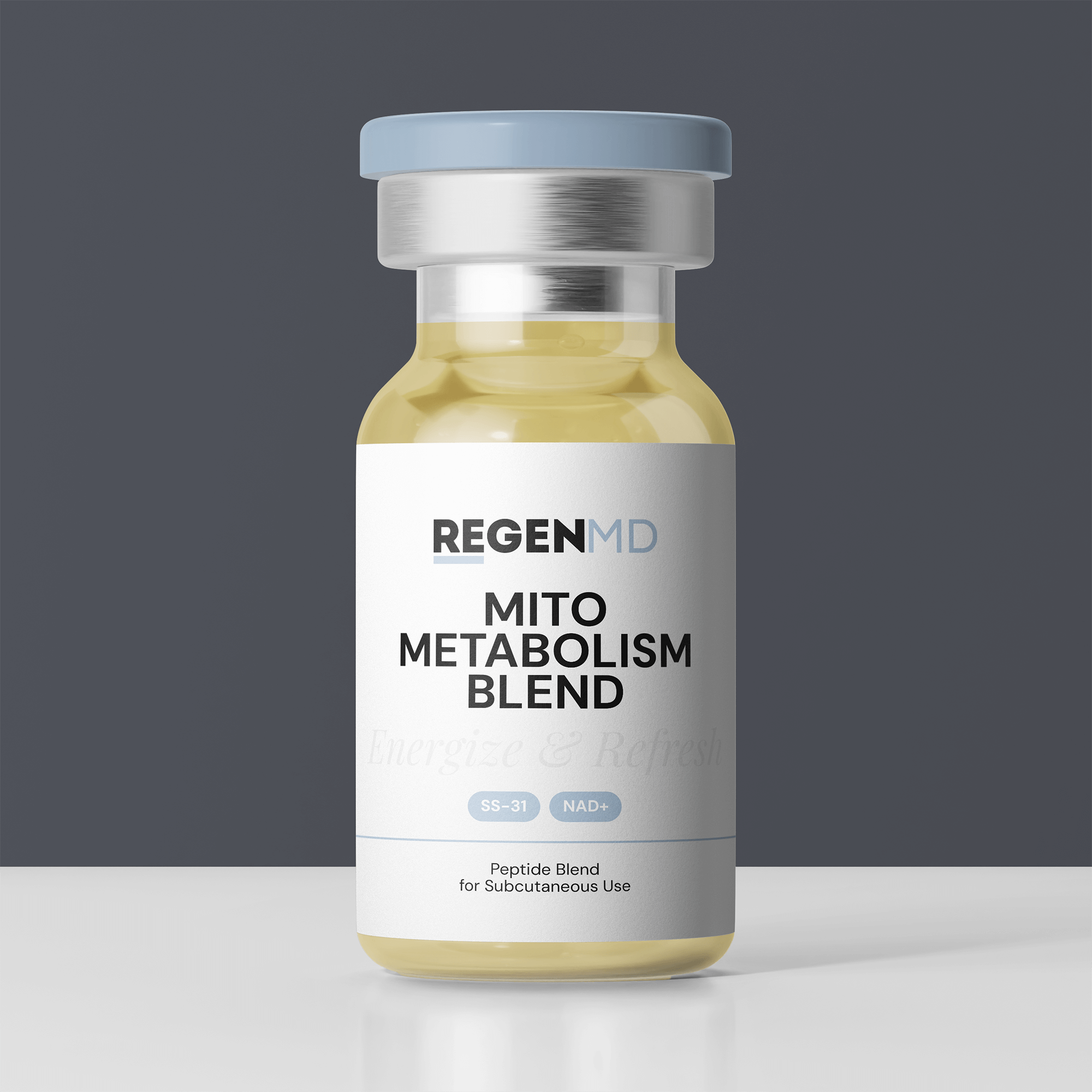 The Mito Metabolism peptide blend, a bottle filled with gold-colored liquid.