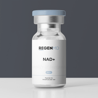 NAD+ peptide, in a vial bottle against a dark grey backdrop.