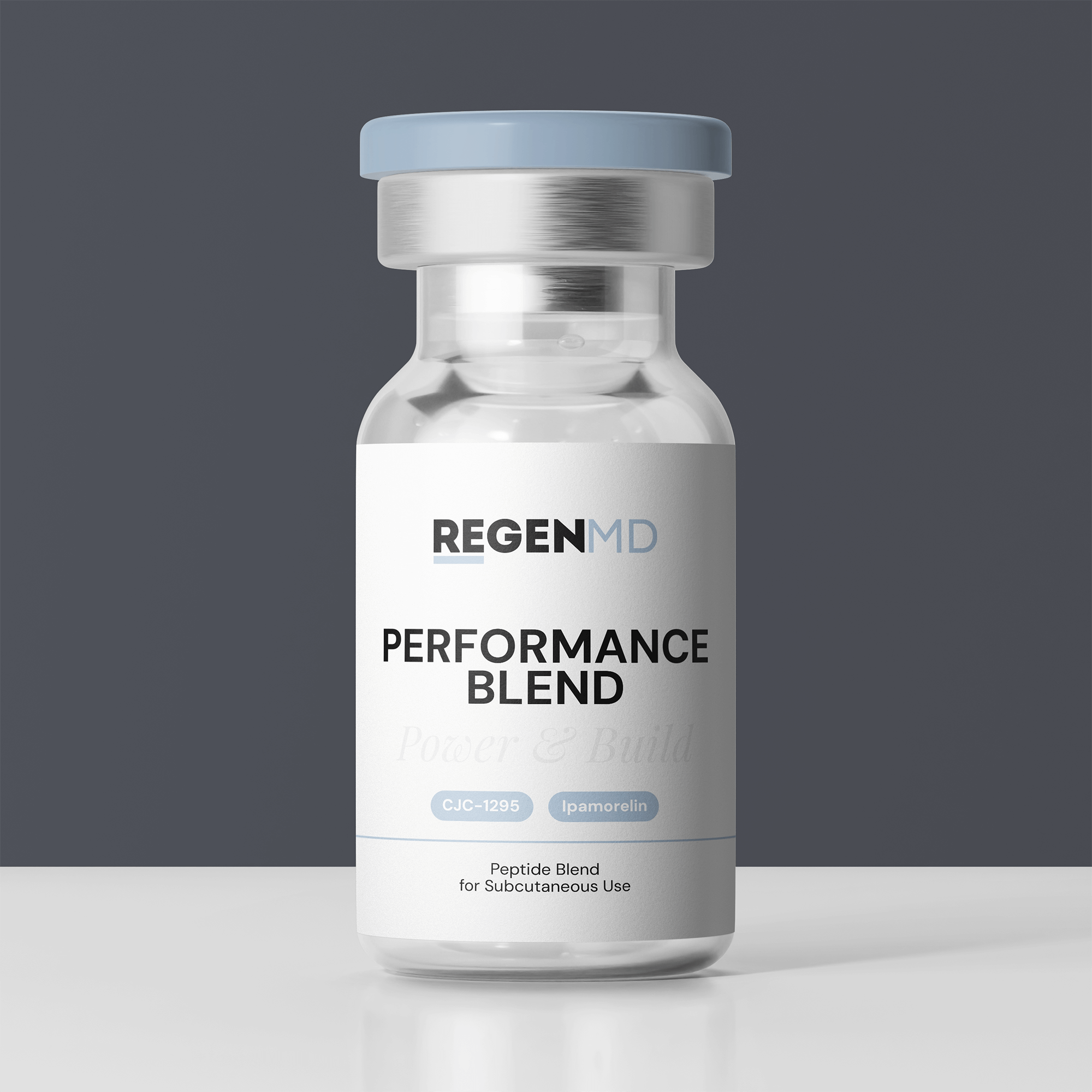Performance Blend peptide vial against a dark grey background.