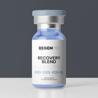 The Recovery Blend peptide, a blue liquid inside the vial, with the bottle set against a dark grey background.
