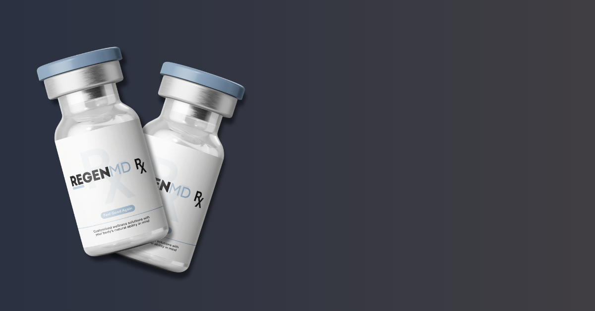 Two generic RegenMD vials on a dark blue gradient background