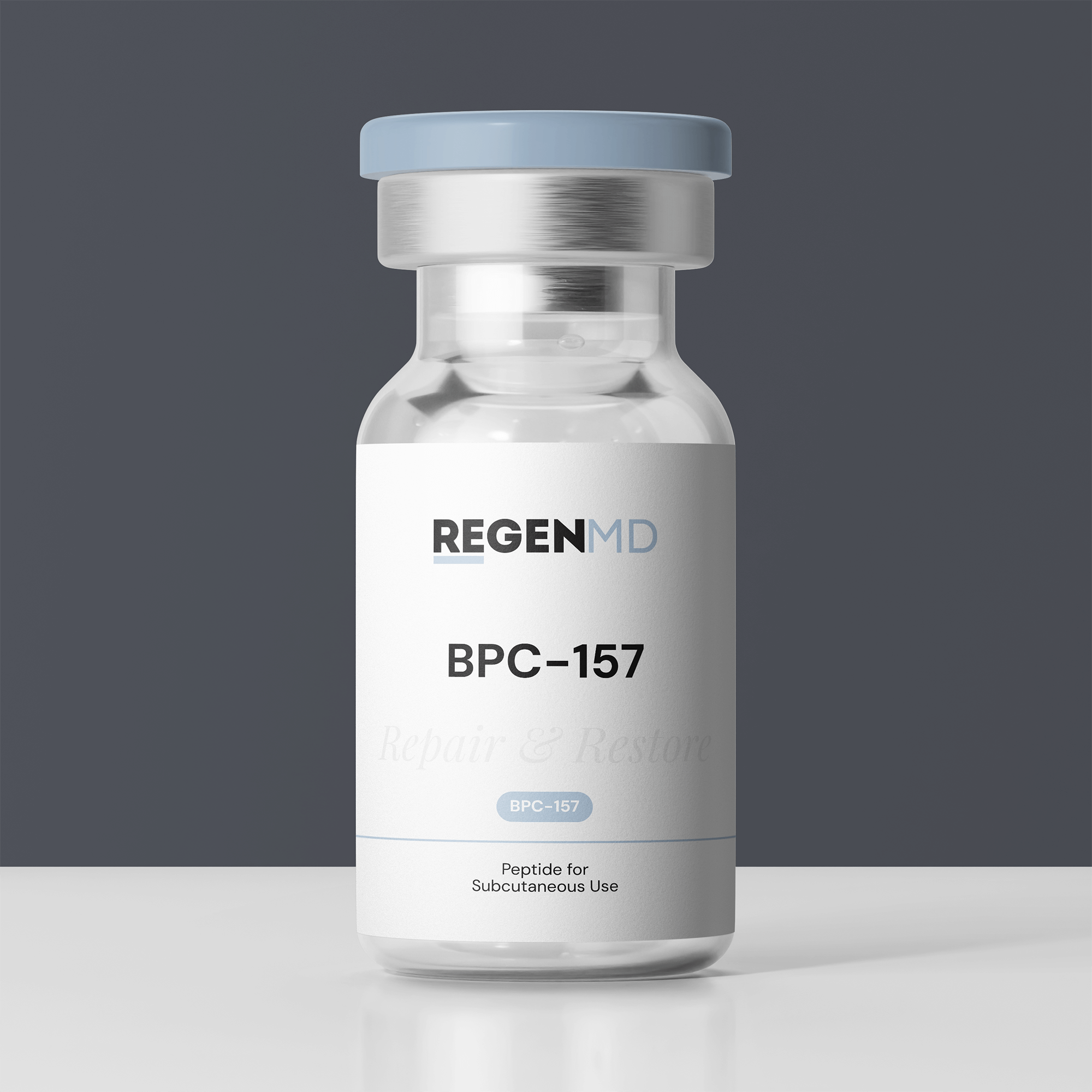 THE BPC-157 peptide vial with clear liquid inside.